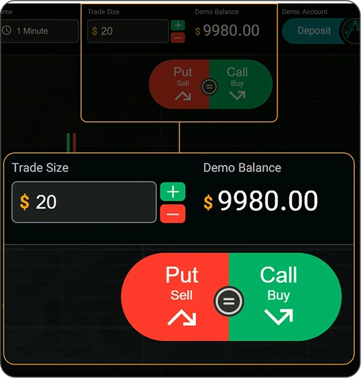 Demo account candlestick chart with 30s trade panel