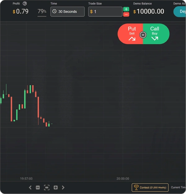 Demo trading panel with 30s expiry and $1 trade size